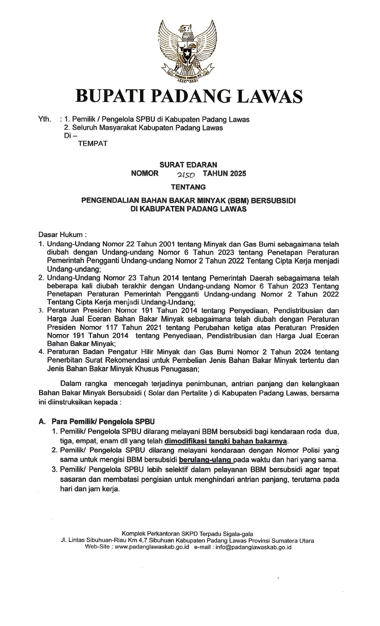 SE BUPATI NO.2150 TENTANG PENGENDALIAN BBM SUBSIDI DI KAB. PADANG LAWAS 2025