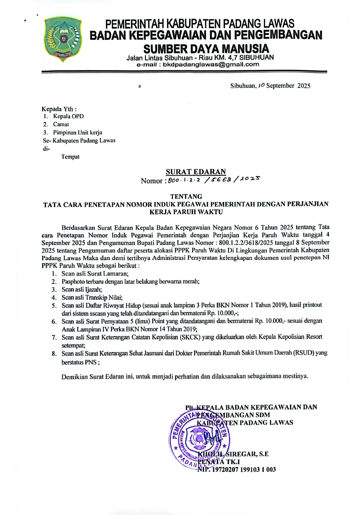 Surat Edaran BKD Tata Cara Penetapan NI PPPK Paruh Waktu